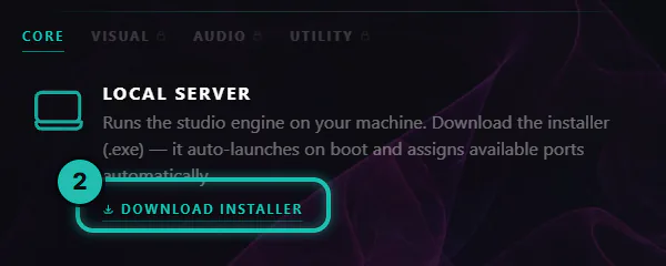 The dashboard Modules view, Core tab, with the Local Server card and its Download installer link ringed