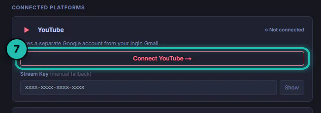 Settings, Live Stream, Connected Platforms: YouTube not connected with the Connect YouTube button ringed