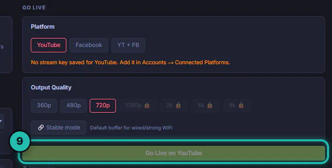 The Go Live column: platform YouTube, Output Quality 720p with higher qualities locked, and the Go Live on YouTube button ringed