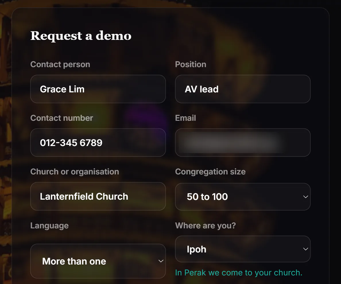 The Request a demo form filled in for Lanternfield Church: contact person, position AV lead, contact number, email, congregation size 50 to 100, language More than one