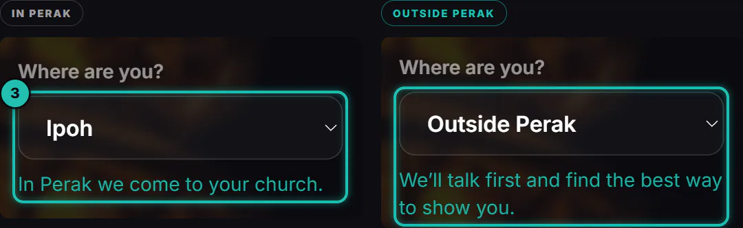 Where are you? set to Ipoh with the line In Perak we come to your church, and set to Outside Perak with a second Where are you? box reading Penang