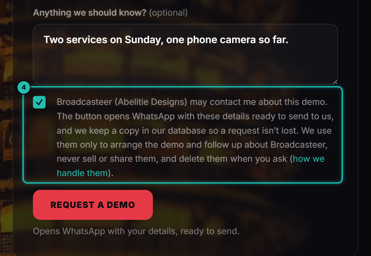 Anything we should know? with a note about two Sunday services, the consent box ticked and ringed, and the Request a demo button below