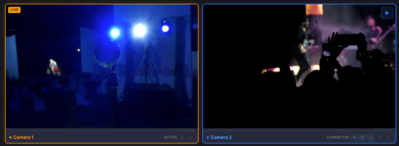 The Camera tab with Camera 1 live on a stage with lights and a microphone, and Camera 2 connected on a band seen over the crowd