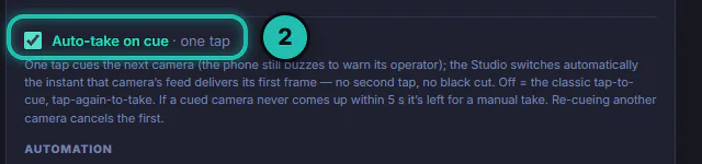 Auto-take on cue ticked in Settings › Video, with its note that a cued camera goes live the moment its picture arrives