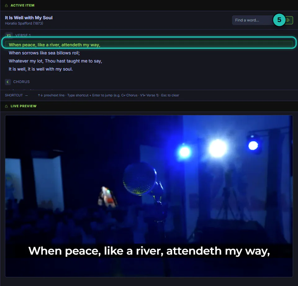 It Is Well with My Soul in the Active Item with its first line live, and the Live Preview showing the words over the stage camera