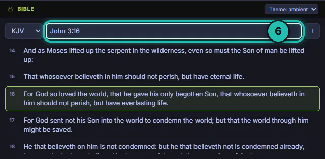The Bible dock with KJV selected, John 3:16 typed in the search box and verse 16 highlighted in the chapter
