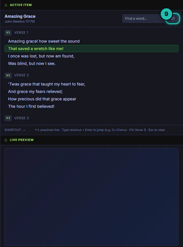 The Active Item with a line still selected, the eye button ringed, and the Live Preview showing only the background