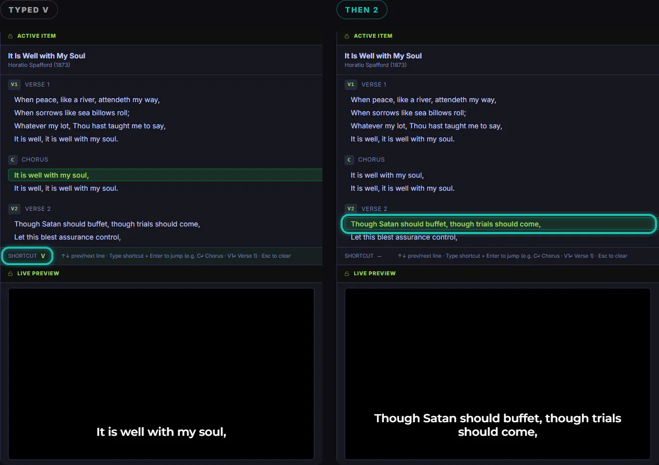 Left, the chorus live and the SHORTCUT bar holding a V; right, after the 2, the first line of verse 2 live and in the Live Preview