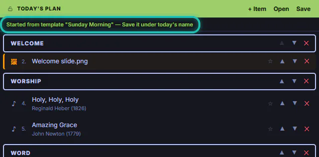 A new plan holding every row of the template, under a green line saying it started from the template Sunday Morning and to save it under today's name