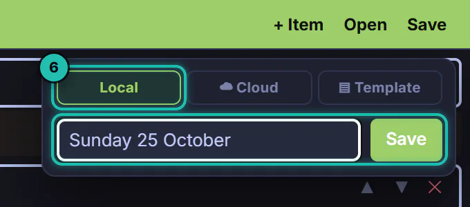 The Save panel on the Local tab with Sunday 25 October typed as the plan's name beside Save