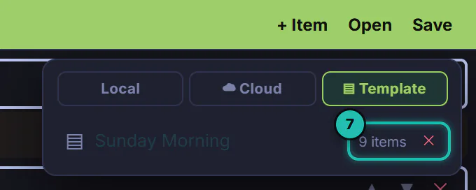 The Template tab after next Sunday's plan was saved: Sunday Morning still lists 9 items, with its delete button ringed at the end of the row