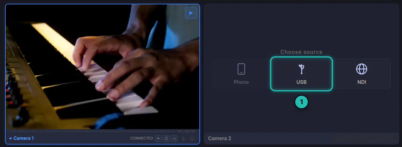 The Camera tab on the free plan: Camera 1 showing a volunteer's phone on the keyboard player, and Camera 2 saying Choose source with Phone dimmed and USB ringed