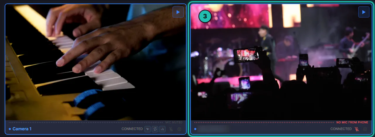 Camera 1 with the phone on the keyboard player and Camera 2, ringed, with the wide shot of the band and the room from the wired camera, both connected and on standby
