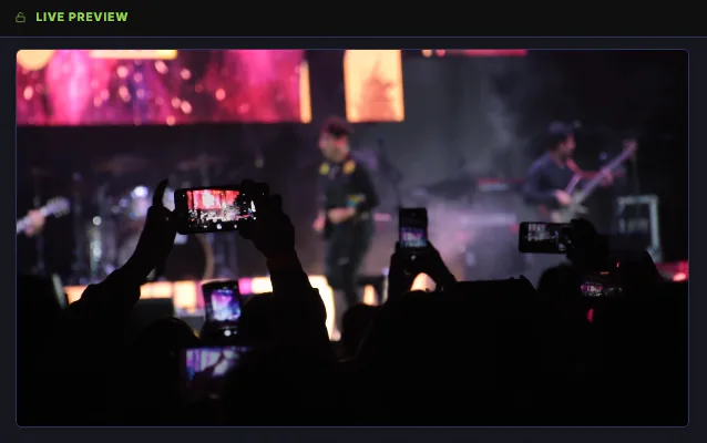 The Broadcast tab's Live Preview showing the wide shot of the band and the room from the wired camera