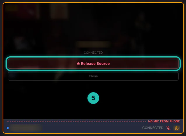 The wired camera's tile with its settings open: its name, CONNECTED, a red Release Source button ringed, and Close