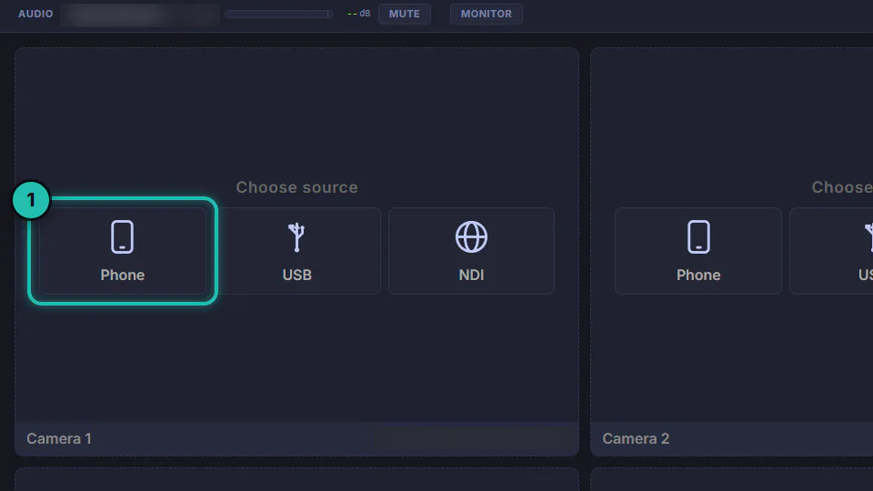 The Camera tab with Camera 1 offering Phone, USB and NDI under Choose source, and Phone ringed