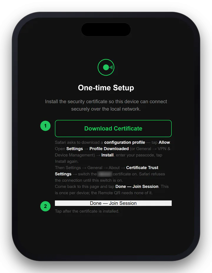 An iPhone showing the same One-time Setup page with its iPhone steps: allow a configuration profile, install it in Settings, then switch it on under Certificate Trust Settings
