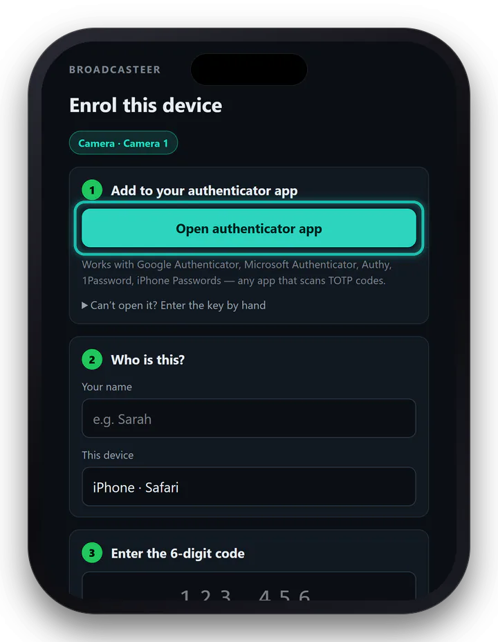 An iPhone on Enrol this device for Camera 1: add to your authenticator app, who is this, and enter the 6-digit code