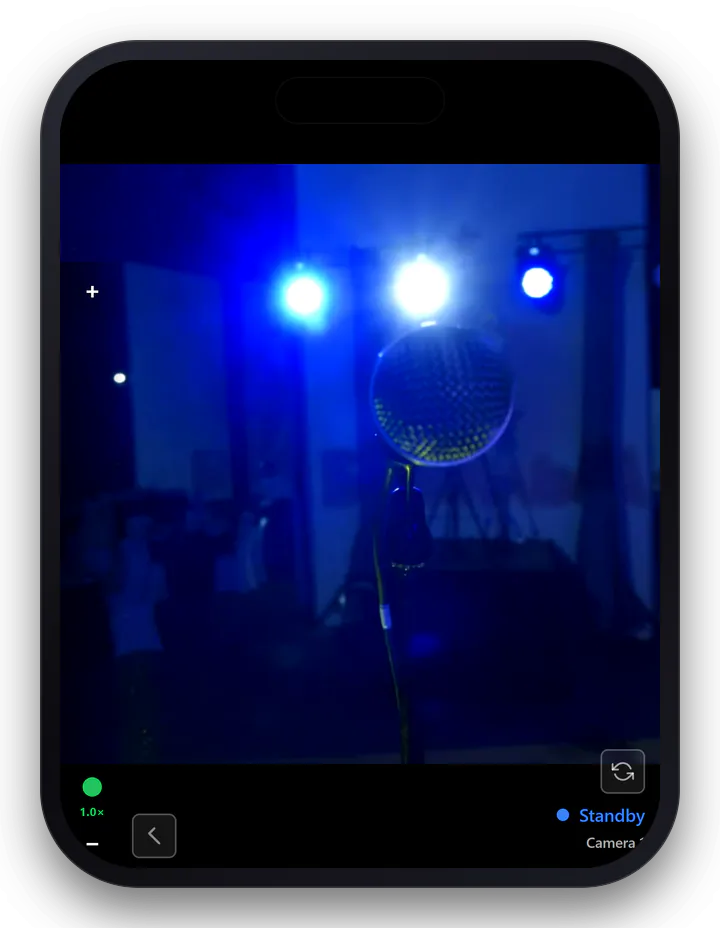The phone showing its own picture of a stage microphone with Standby and Camera 1 in the corner