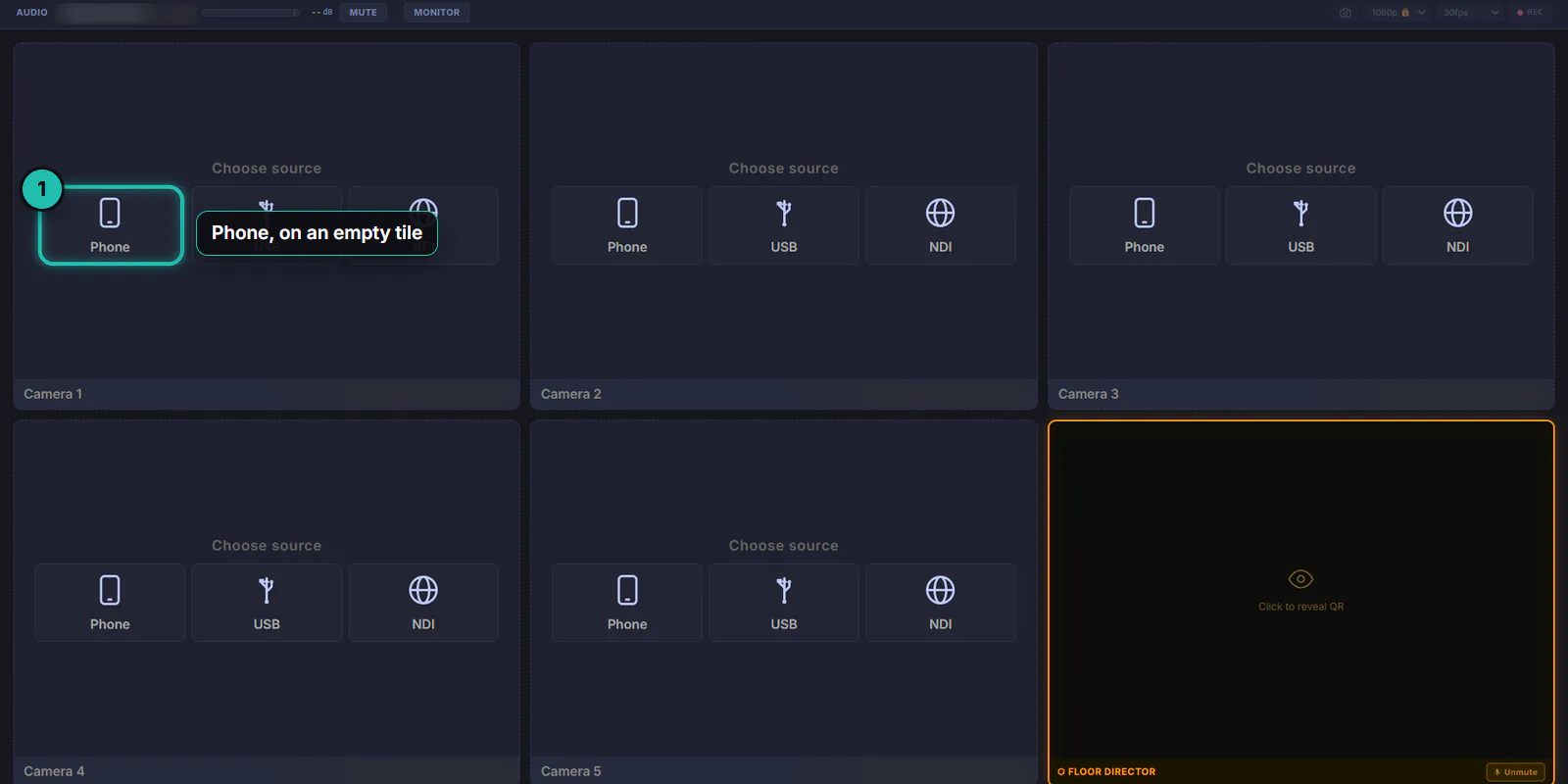 The Camera tab: five empty tiles each offering Phone, USB and NDI, with Phone on Camera 1 ringed