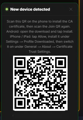 The New device detected card with instructions for installing the certificate on Android and iPhone