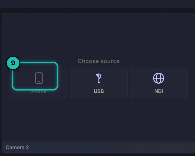 Camera 2 on the free plan with its Phone option greyed out while USB and NDI stay available