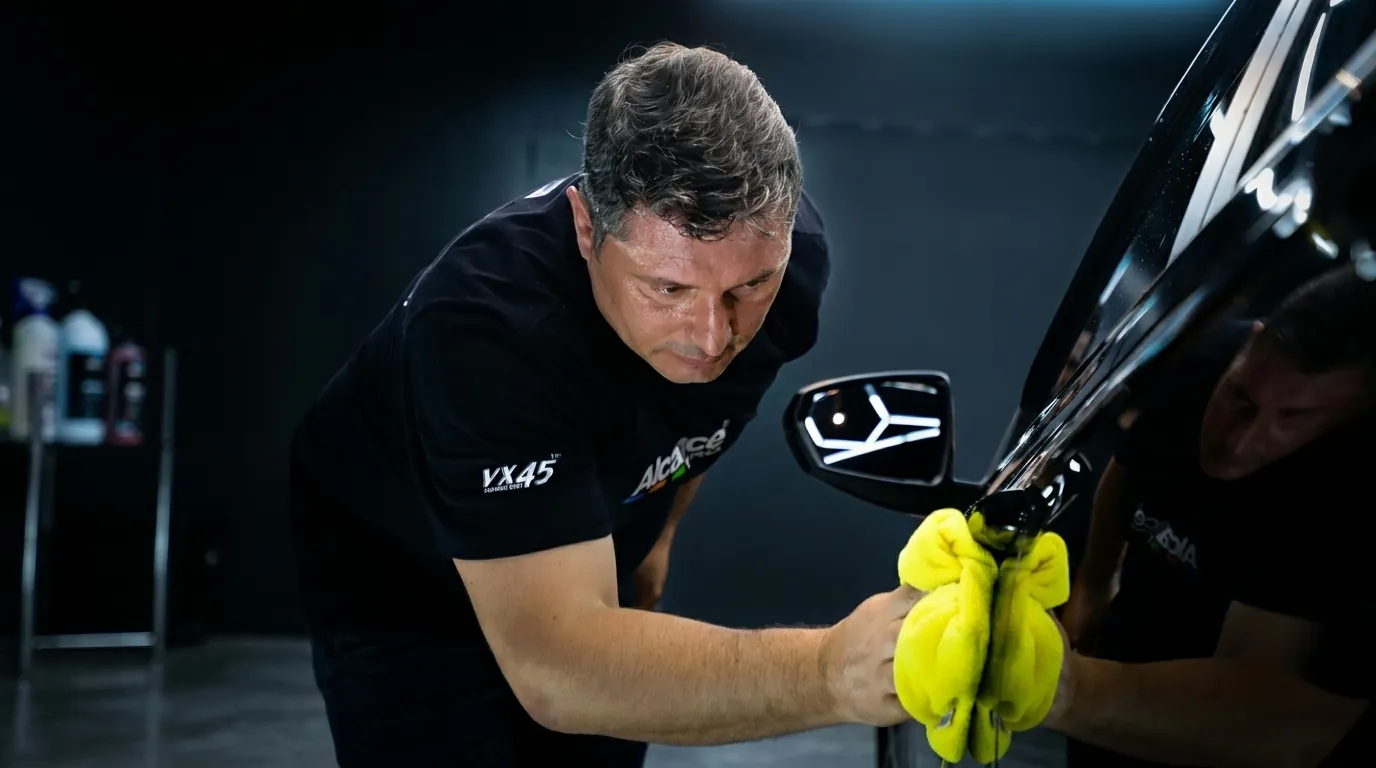 Pablo Vispo aplicando o VX45 num carro preto