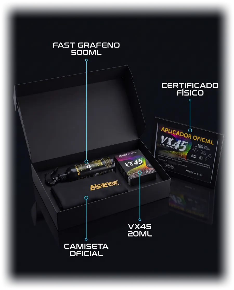 Kit de credenciado VX45: caixa aberta com Fast Grafeno, camiseta e VX45