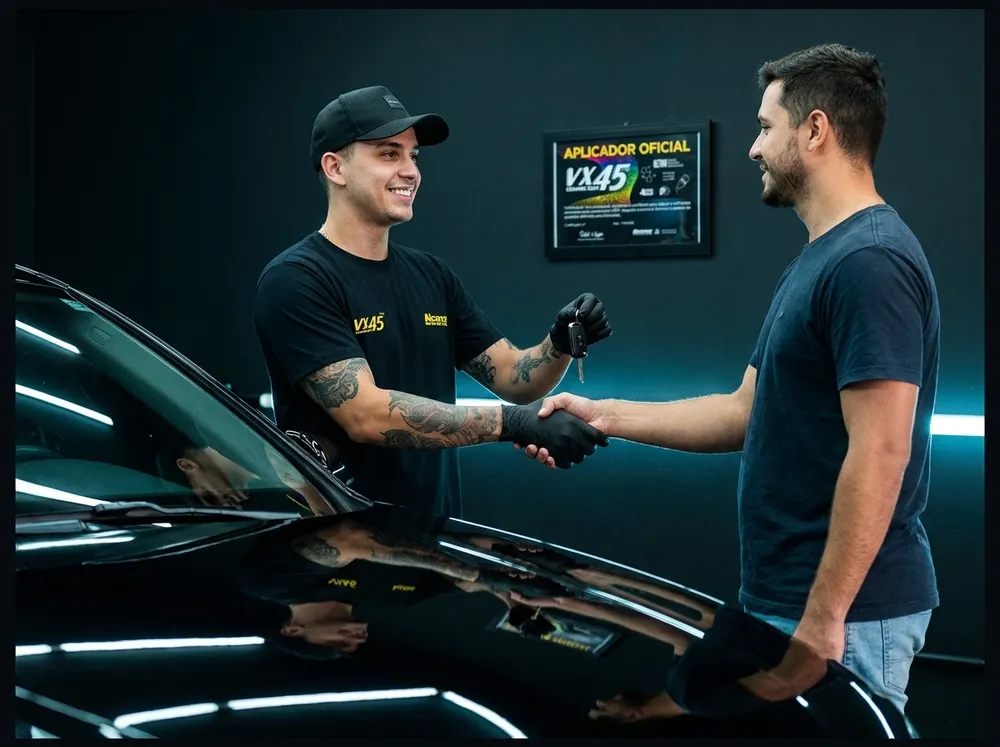 Credenciado jovem entregando o carro vitrificado ao cliente, certificado na parede