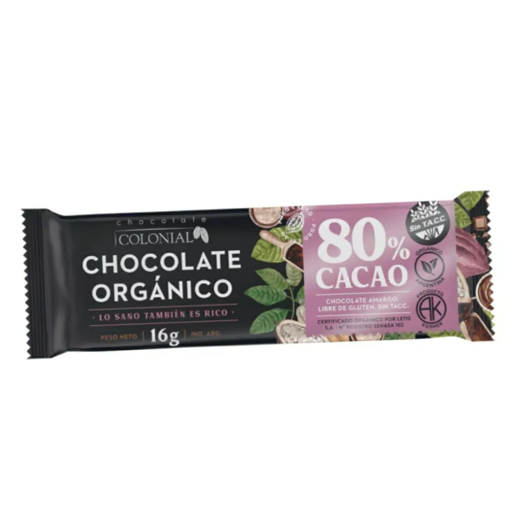 CHOCOLATE ORGÁNICO 80% CACAO X16G · COLONIAL — Brota Almacén Natural Pergamino