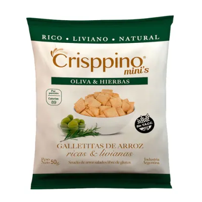 GALLETITAS DE ARROZ OLIVA Y HIERBAS X50G · CRISPPINO — Brota Almacén Natural Pergamino