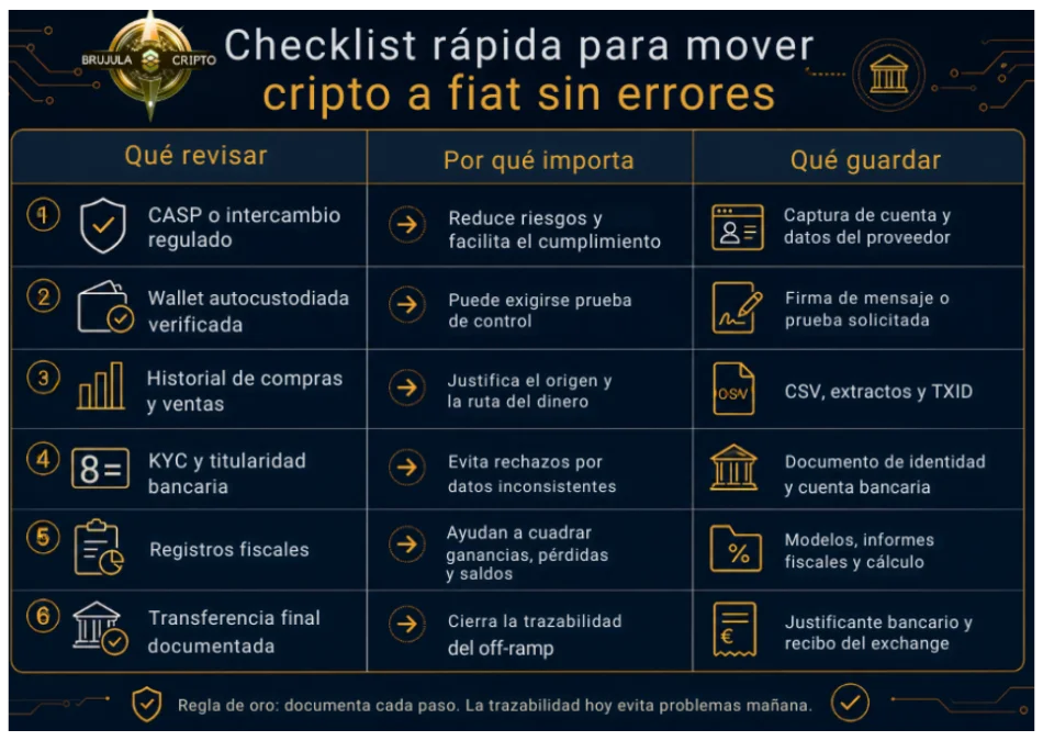 Infografía de Brújula Crypto con la checklist para mover cripto a fiat: seis pasos con qué revisar, por qué importa y qué guardar.