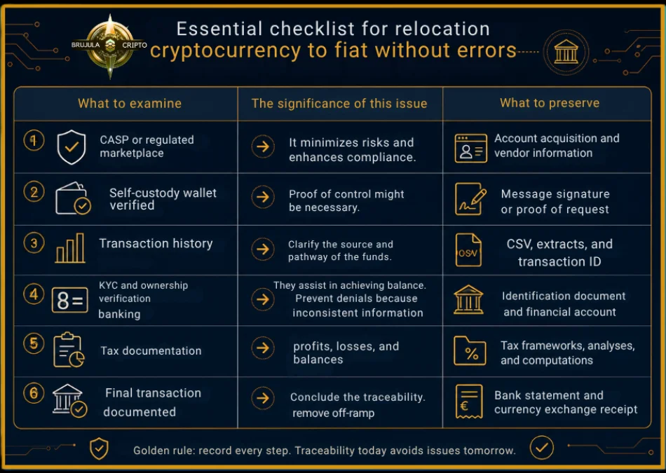 Brújula Crypto infographic with the checklist to move crypto to fiat: six steps with what to review, why it matters and what to keep.