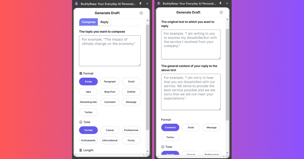 Screens showing BuddyBeep's AI writing assisstants with two main features