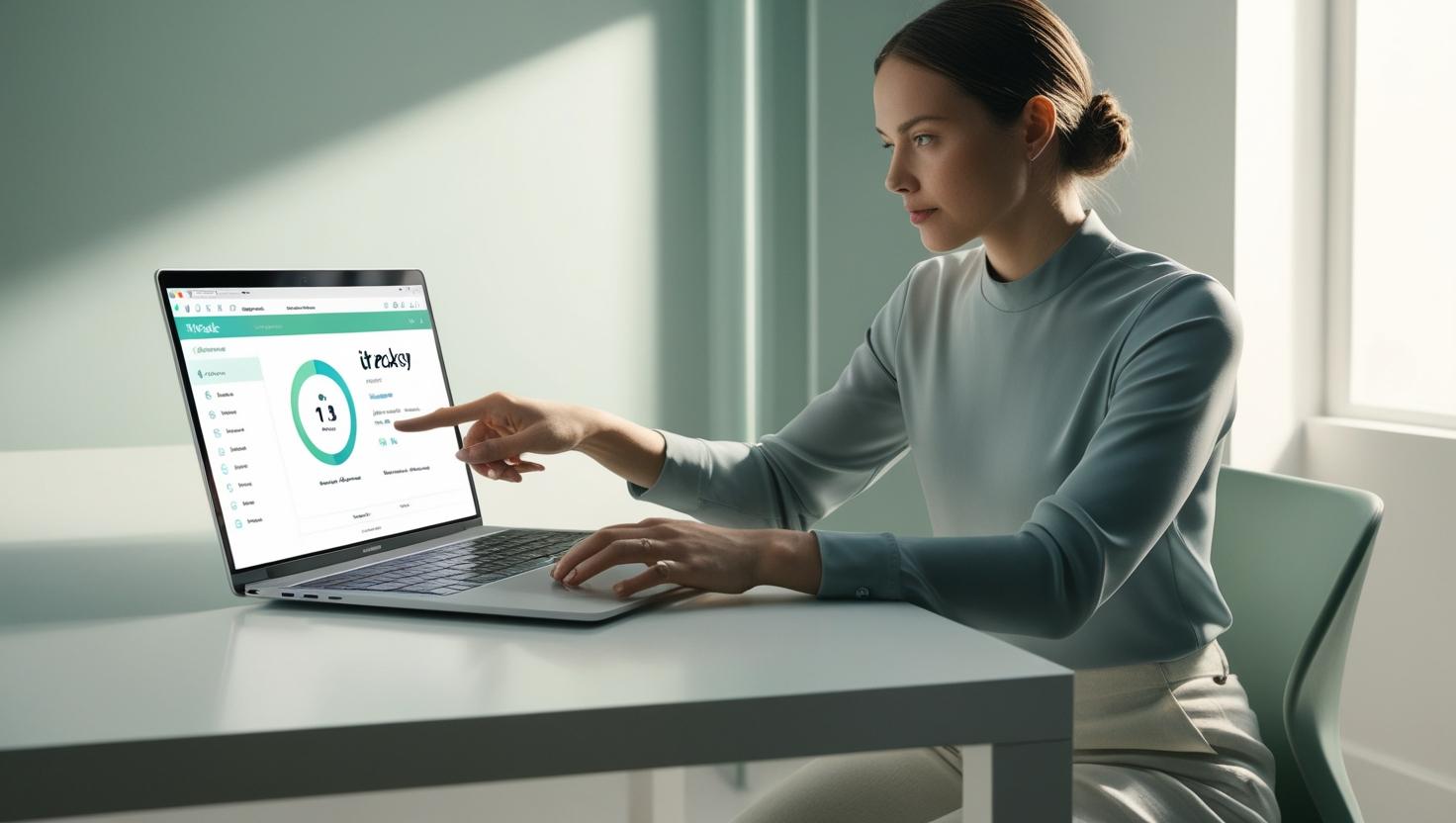 A woman is pointing on the screen which is showing a free time tracker