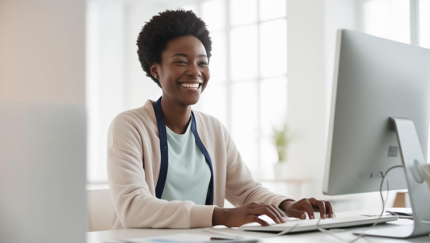 A woman is working happily while using a time tracking application