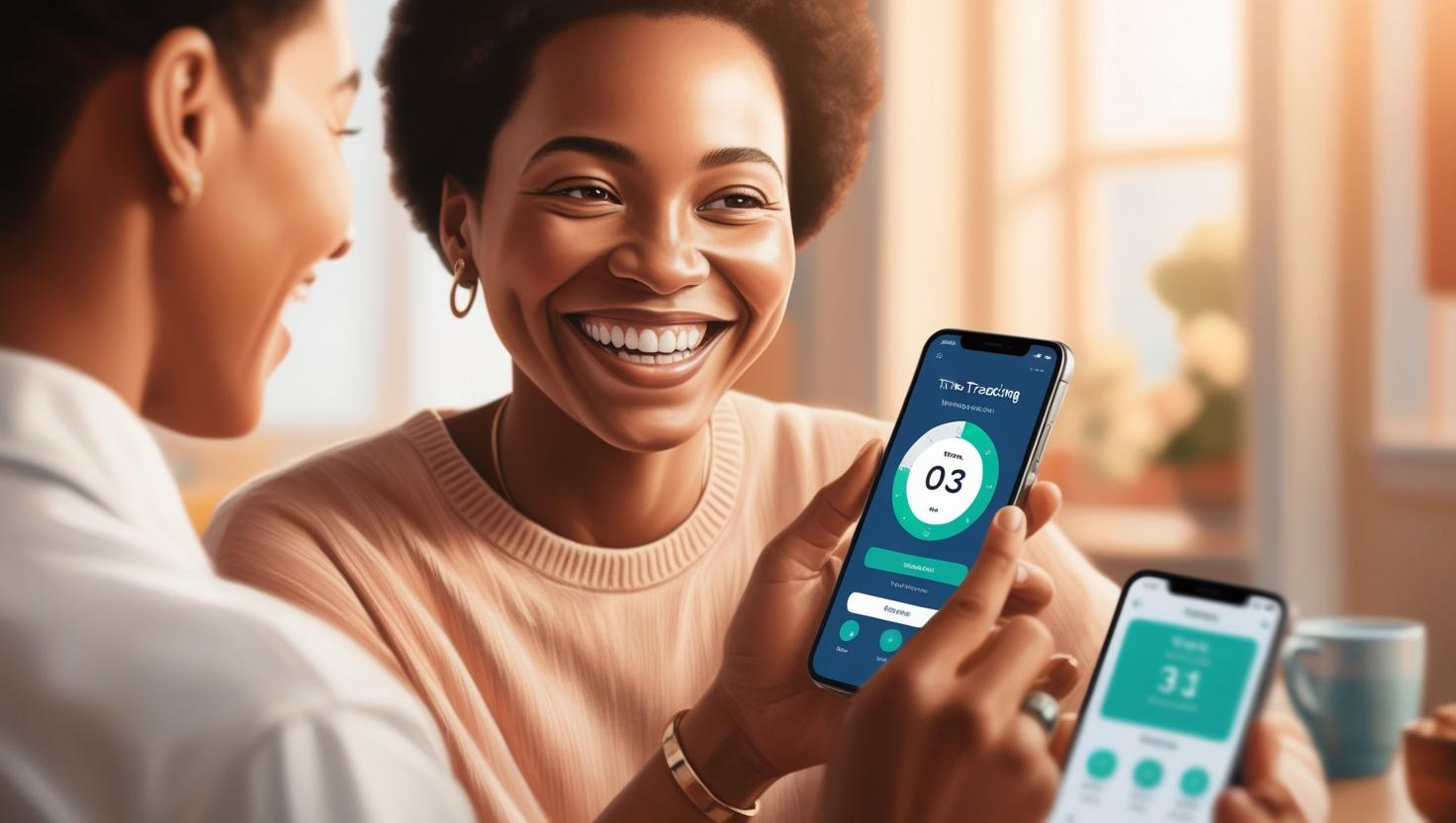 Two people are smiling with joy when using a time tracking app