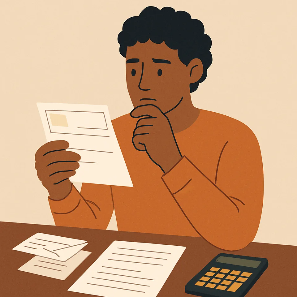 Person reviewing paycheck and bills