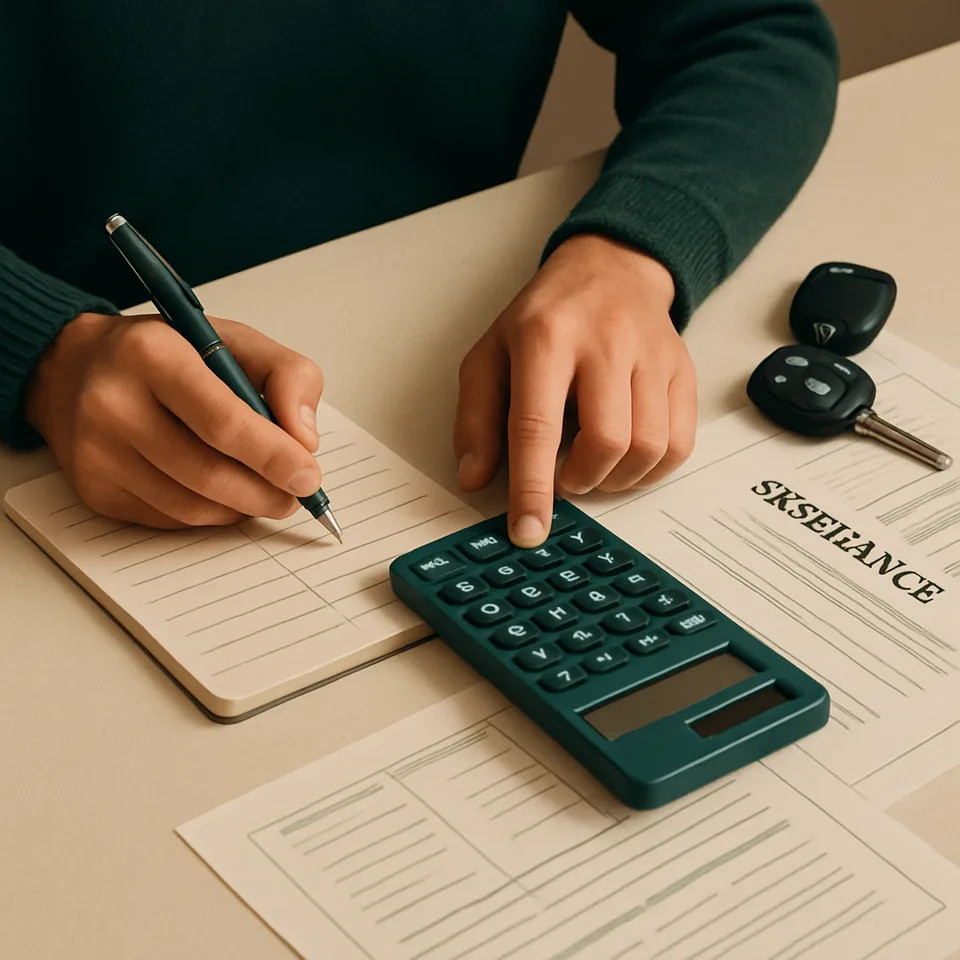 Illustration of budgeting for car expenses with calculator, car keys, and documents.