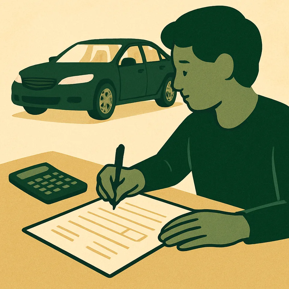 Person reviewing car loan documents with calculator and car, symbolizing budgeting.
