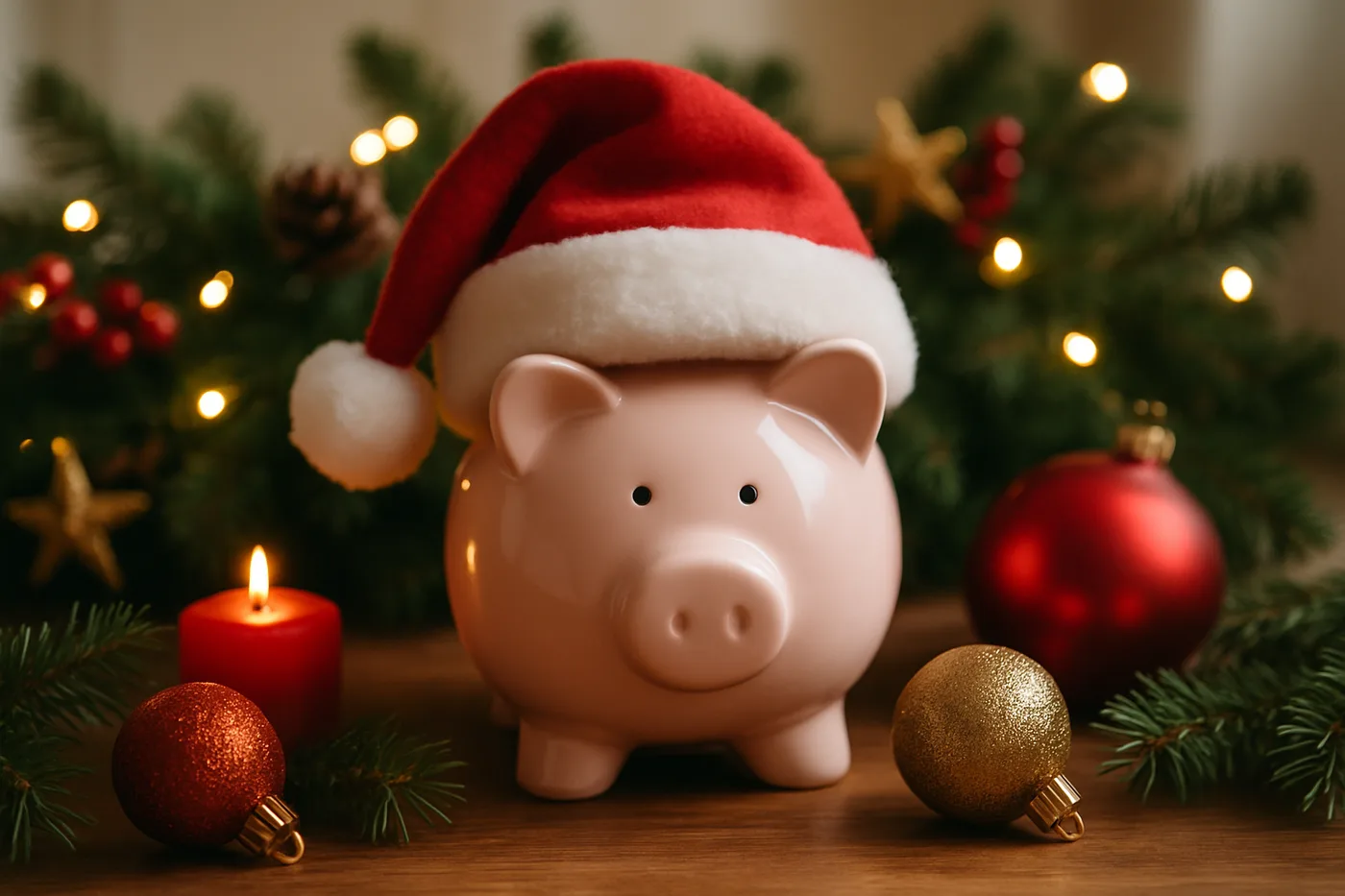 Piggy bank with Santa hat and holiday decorations