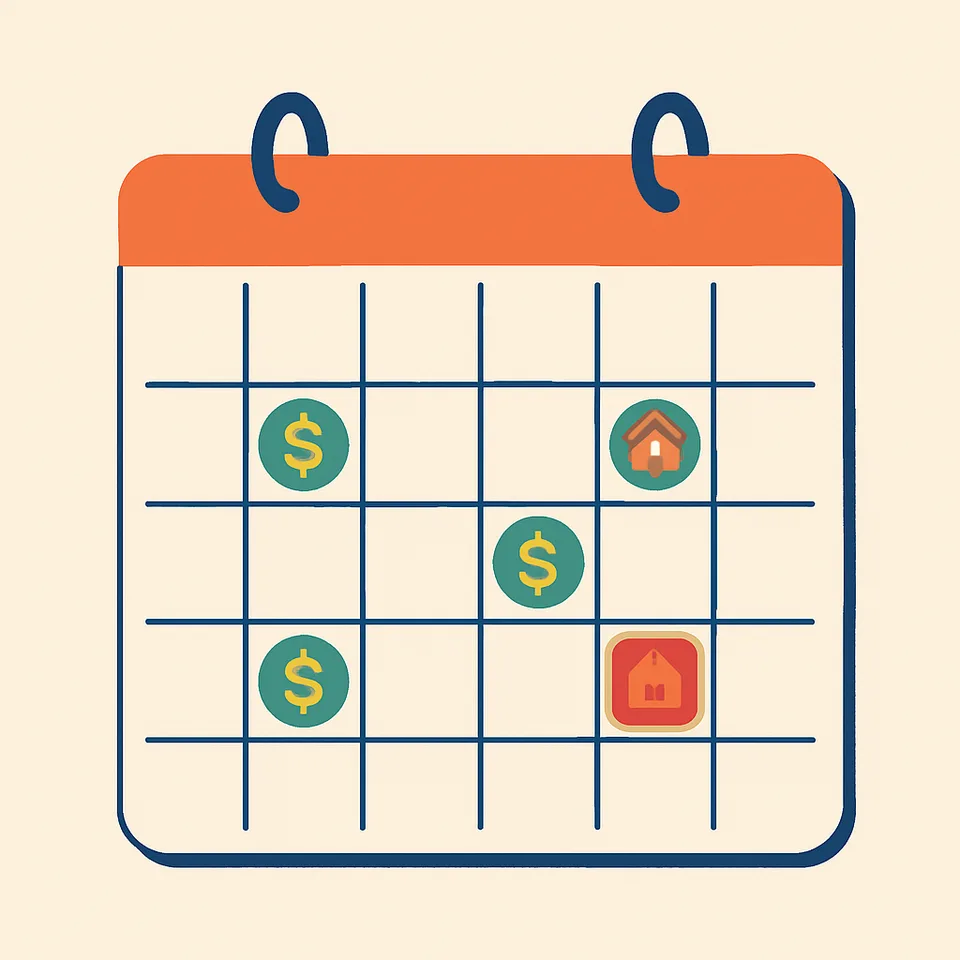 Calendar showing paydays and rent due dates