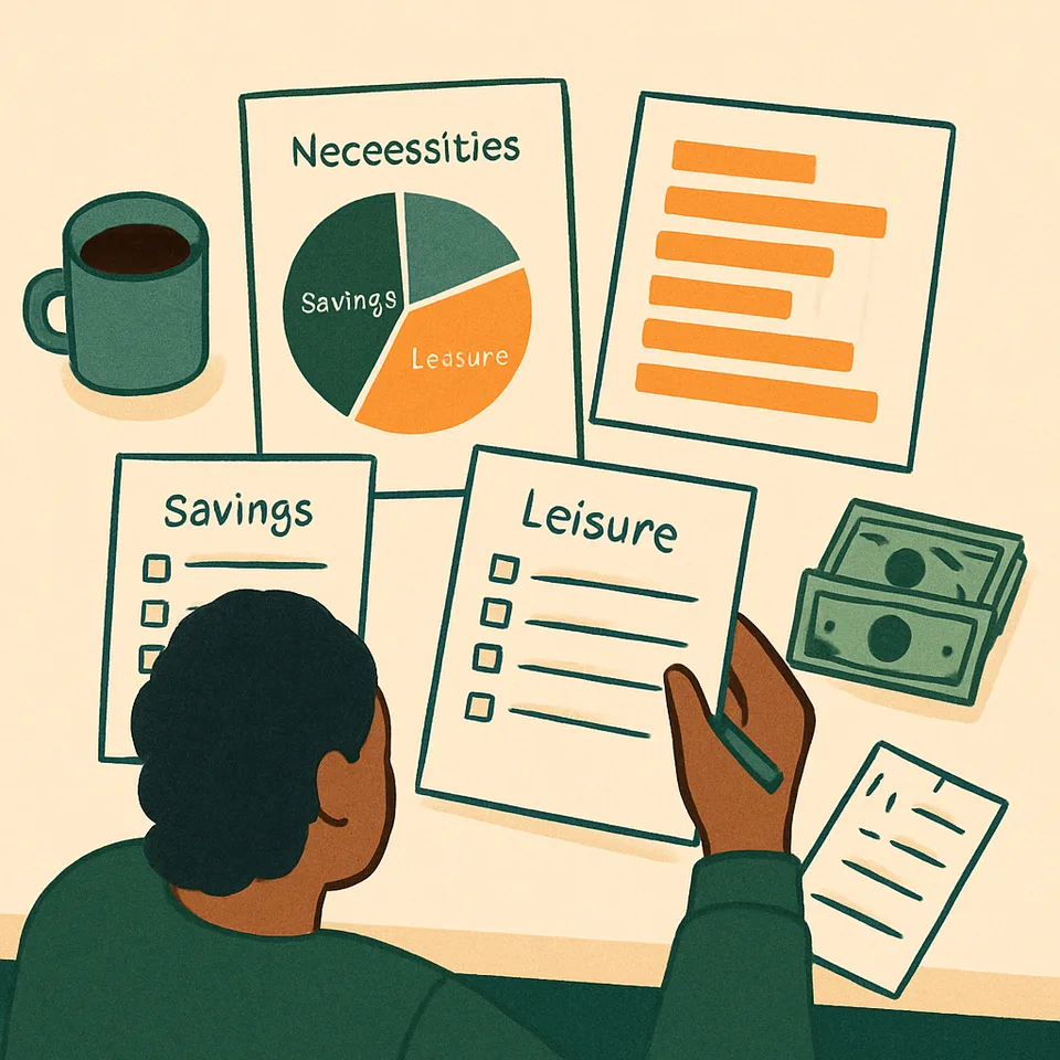 Illustration of a person organizing a paycheck budget with categories and charts.