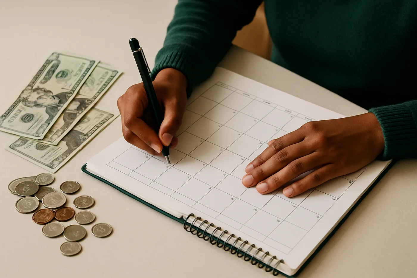 Person organizing budget with calendar and money