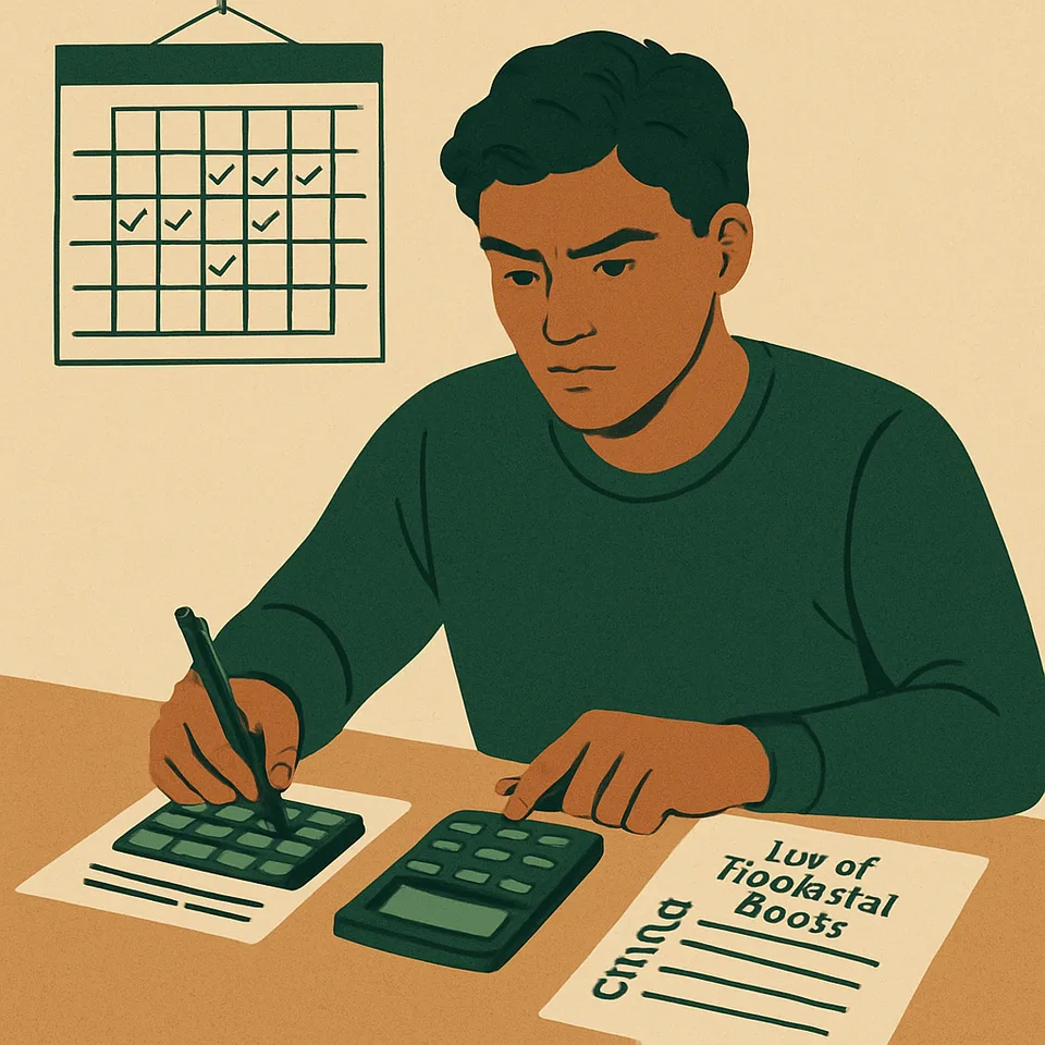 Person planning financial goals with calendar and calculator.
