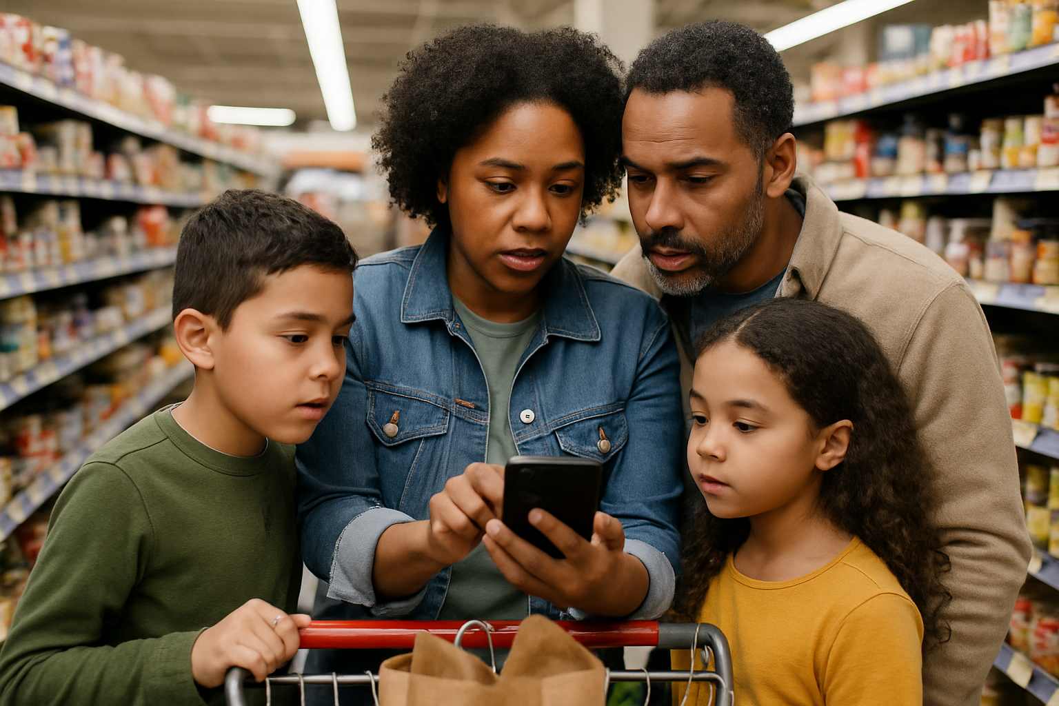 Family checking grocery prices on a smartphone in a supermarket