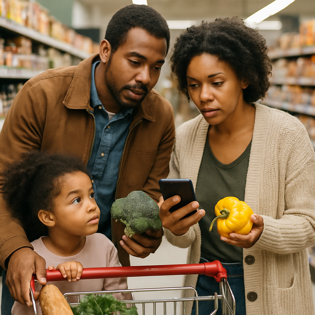 Family comparing grocery prices using a smartphone