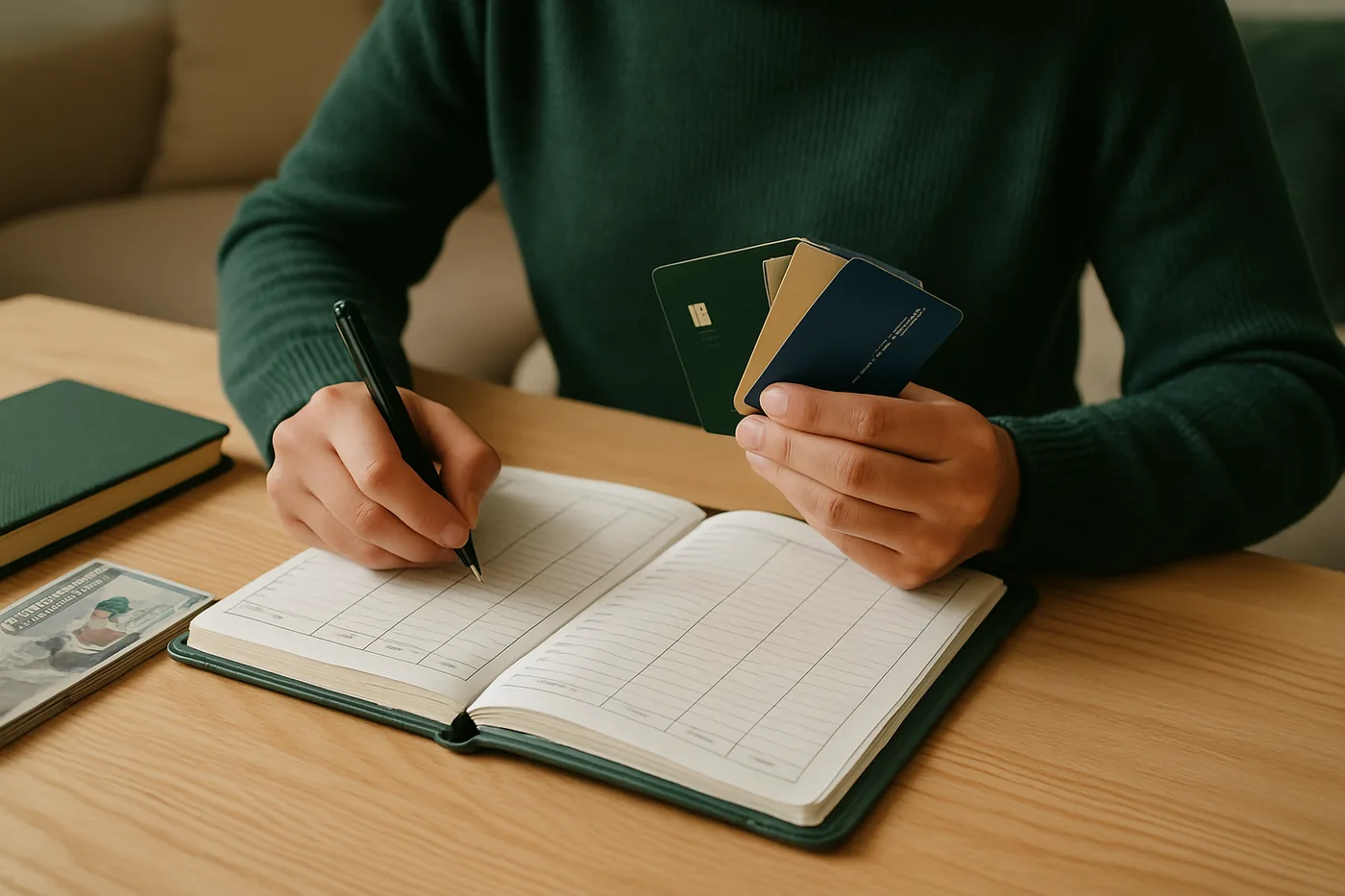 Person organizing finances with credit cards and a budget planner