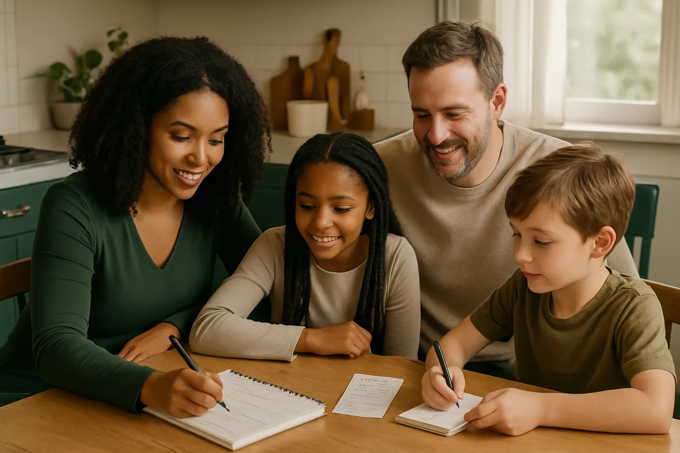 Family planning meals at a kitchen table with a notepad and grocery list.