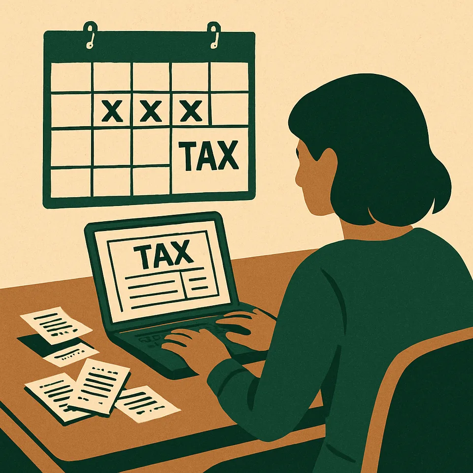 Person organizing quarterly tax payments with a calendar and tax documents.